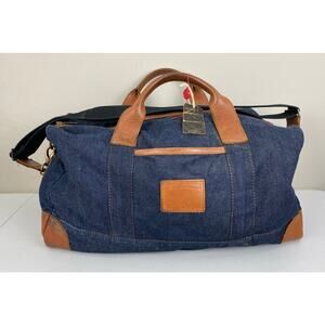 True Religion denim blue jean leather large travel tote shoulder duffle bag